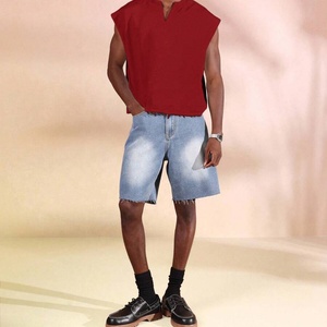 <b>Men's</b> Trendy Summer V-Neck Sleeveless <b>Top</b> Front Short Jersey Solid Color Loose Fit Casual Sports Knitted Plain Dyed <b>Men</b> T-shirt - Product Image 4