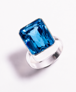 Blue <b>Quartz</b> Sterling Silver <b>Ring</b>, Emerald Cut Blue Gemstone <b>Ring</b>, Handmade 925 Silver Jewelry - Product Image 1