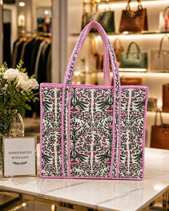 Le Souvenirs Sac fourre-tout en tissu de coton imprimé floral pour femme, avec fermeture éclair, poignées rayées vintage, léger, pour le voyage - Product Image 2