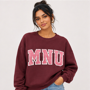 เสื้อสเวตเชิ้ตคอกลมโอเวอร์ไซส์สำหรับผู้หญิง สีเทา พิมพ์ลายตัวอักษร MNU ผ้าคอตตอนผสม สไตล์ลำลองสำหรับฤดูใบไม้ร่วง สไตล์สตรีทแฟชั่น - Product Image 3