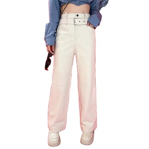 กางเกงเอวสูงขากว้างสำหรับผู้หญิงฤดูใบไม้ร่วงกางเกงหนังแกะแท้กางเกงขายาว4XL ลำลอง - Product Image 1