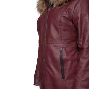 Chaqueta de cuero borgoña personalizada para mujer, abrigo largo de 3/4 de longitud, chaqueta de cuero genuino con doble botonadura y capucha de piel de zorro auténtica - Product Image 4