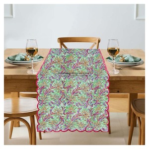 Floral Block Print Bohemian Cotton Embroidery Edge <b>Table</b> <b>Runner</b> <b>Dining</b> Home Hotel Decor Wedding Events Eco-Friendly - Product Image 2