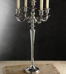 Polished chrome five arms <b>candelabra</b> display featuring a majestic towering stem, available at wholesale prices. - Product Image 1