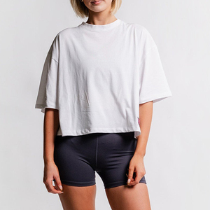 Unisex <b>White</b> Oversized <b>Crop</b> <b>Top</b> Crew Neck Short Sleeve Regular Fit Solid Color 100% Cotton Jersey Breathable Casual T-Shirt - Product Image 1