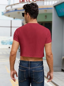T-shirt court pour homme, rouge, manches courtes, col rond, couleur unie, décontracté, tricoté, coupe ajustée - Product Image 3