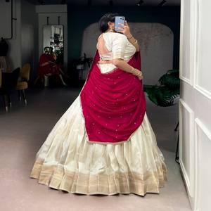 VASTRA COTTAGE Lehenga de Seda Dola Cosida con Blusa con Borde de Zari, Dupatta de Seda Vichitra, Lehenga con Bordado de Lentejuelas e Hilo - Product Image 3