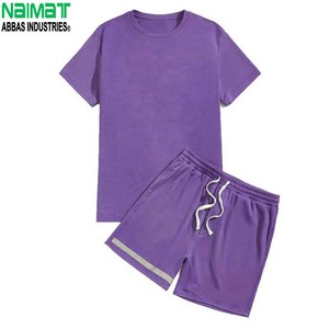 Conjunto de Camiseta de Algodón Morado para Hombre, Cuello Redondo, Tejido de Punto, Color Sólido, Informal, para Verano, Manga Corta, Pantalones Cortos - Product Image 4