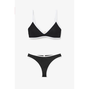 Ensemble de bikini noir pour femme avec bordure contrastante blanche, maillot de bain deux pièces à décolleté plongeant, bas de maillot en tricot de spandex et polyester - Product Image 2