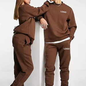 Unisex Brown Cotton Tracksuit Set Crew Neck Full Sleeve Loose Fit With Logo Print Side <b>Pockets</b> Elastic Waist Autumn Wear - Product Image 2
