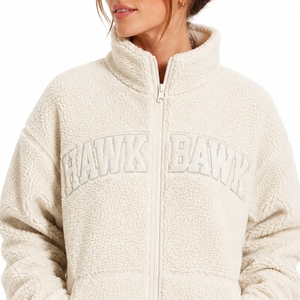 Custom Women's Sherpa Fleece Full Zip Stand Collar <b>Thick</b> Warm <b>Winter</b> <b>Coat</b> with Hawk Bawk Logo Front Fleece Fabric Custom Desgin - Product Image 4