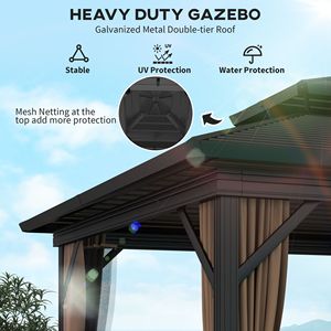 Gazebo à toit rigide brun foncé 10FT X 10FT avec structure en aluminium et toit en métal, rideaux à crochets inclus - Product Image 4