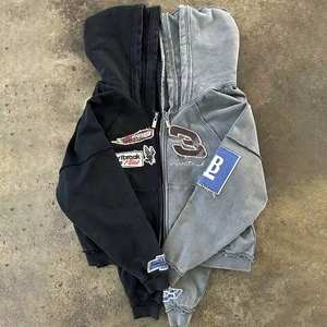 Sudadera con capucha y cremallera personalizada de 400 g/m² para hombre, con parche bordado efecto desgastado por el sol, estilo vintage, lavado ácido, nuevo estilo. - Product Image 5