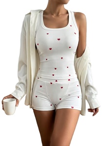 2pcs Women's Tank Top and Short set with Heart Print Ribbed Pajama Set Women's 2pcs Vest and Shorts Set Sleeveless Striped Vest - Product Image 2