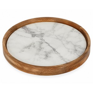 Plateau de service circulaire en bois de manguier avec insert en marbre - Vente en gros Décoration d'intérieur - Product Image 1