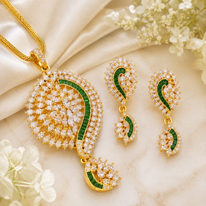 LISAJEWELLERS - Juego de Collar y Aretes de Lujo con Diseño de Hojas de Paisley en Color Verde Esmeralda, Chapado en Oro y Latón con Circonitas, Joyería para Novia - Product Image 2