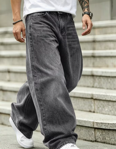 Jean ample taille haute en denim de coton délavé pour homme, motif cachemire bohème, coupe décontractée, grandes tailles, avec braguette zippée - Product Image 5
