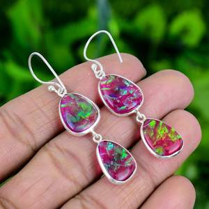 Boucles d'oreilles en opale rose feu, argent sterling 925, opale feu triple fait main, bijoux en pierres précieuses, cadeau pour femme - Product Image 2