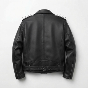 Blouson de moto en cuir véritable noir pour homme, avec rivets sur les épaules, col rabattable, fermeture éclair, coupe ajustée, réversible - Product Image 2