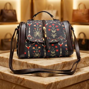 Sac à main en toile jacquard floral fait main, style ethnique vintage, avec pompon, pour femme - Product Image 1