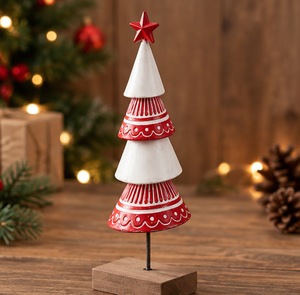 Pièce de décoration de Noël en métal Design arbre moderne en laiton AK rouge et blanc fini avec socle en bois pour décor de Noël/décor de table - Product Image 2