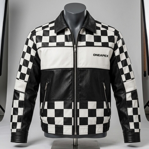Chaqueta de Cuero para Hombre con Estampado a Cuadros en Blanco y Negro, Cuello Camisero, Cierre de Cremallera, Chaqueta de Moda Premium Personalizada al por Mayor - Product Image 4