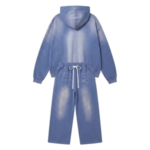 Custom Oversized Rhinestone Tracksuits Baggy Style Acid Washed Sun faded Tracksuits Zip up Hoodie and Sweatpants Set for <b>Men</b> - Product Image 4