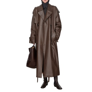 <b>Men's</b> <b>Long</b> Brown Leather Leather <b>Jacket</b> Double Breasted Turn-down Collar Epaulet Casual Hooded Polyester Lining Waterproof - Product Image 1