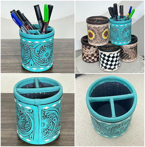 ตะกร้าใส่แปรงแต่งหน้าหนังวัวแท้สลักลายโลโก้ตามสั่งสำหรับงาน March Expo  แบบพกพา ใช้เป็นที่ใส่ปากกาสำนักงาน ที่วางปากกาตั้งโต๊ะ  ที่จัดระเบียบปากกาและดินสอ - Product Image 3