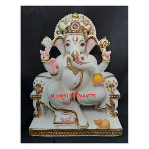 Statue de Ganesh en marbre blanc naturel de conception classique faite à la main, position assise avec bénédiction dans la main, utilisée pour la décoration de temple et comme cadeau - Product Image 5