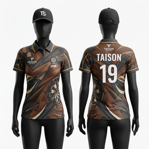 Maillot de fléchettes pour homme en maille polyester 180 GSM de haute qualité, respirant, à manches courtes, marron, noir, or, avec logo personnalisé sublimé - Product Image 1