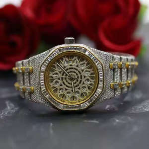 Montre de luxe HIP HOP en moissanite, verre acier inoxydable, squelette bicolore, entièrement sertie, analogique, mécanique, date automatique, étanche 10 bars - Product Image 1