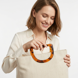 Sac fourre-tout en toile beige avec poignée en résine acrylique écologique effet écaille de tortue, forme personnalisée, accessoire de mode - Product Image 2