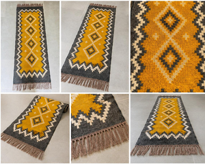 Tapis de couloir en laine et jute tissé à la main jaune moutarde, motif géométrique Kilim, style bohème tribal, pour entrée, sur mesure - Product Image 3