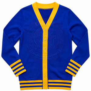 Cárdigan de punto acrílico transpirable con cuello en V para mujer, de manga larga, con botones frontales y bordado, de la hermandad griega Sigma, en azul y amarillo. - Product Image 6