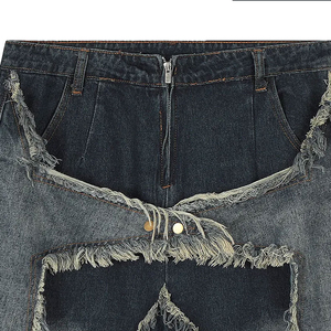 Shorts en jean gris anthracite délavé à l'acide pour homme, style Y2K, coupe oversize, patchwork étoiles, ourlet effiloché, streetwear, baggy - Product Image 6