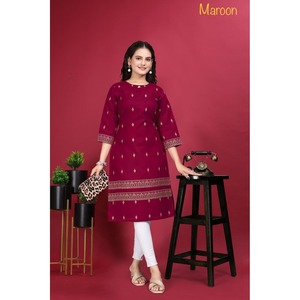 HOJA DE ALGODÓN A LA MODA IMPRESO SOLO KURTI MAROON - Product Image 1