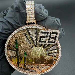 Pendentif Hip Hop personnalisé en Moissanite, motif paysage urbain avec palmiers, plaqué or et argent 925, bijoux fins, pendentifs et breloques - Product Image 1