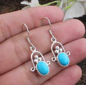 Boucles d'oreilles pendantes en turquoise naturelle, argent sterling 925, pierre bleue vintage de luxe, bijoux de fête pour femmes, vente en gros - Product Image 2