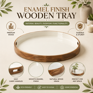 Luxury Mango Wood Enamel Serving Tray | <b>Round</b> Decorative Wooden Serving Platter with Handles for <b>Dining</b> <b>Table</b> Home Restaurant - Product Image 5