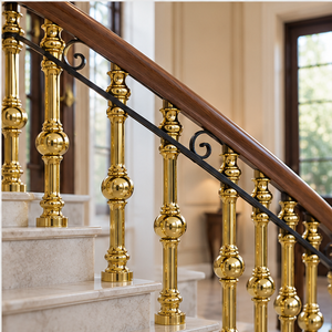 Fluted Orb Railing <b>Handrail</b> Balustrade in Polished Gold Bronze for Luxury Hotels Villas and Classic Staircases - Product Image 3