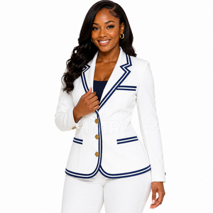 Blazer de la hermandad griega HMR Sorority, color blanco con ribete azul marino y botones dorados, blazer elegante y entallado para mujer. - Product Image 1