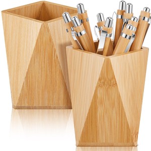 Aqdus Saleem AS-WT17 Bamboo Mid Century Modern Rectangle <b>Wave</b>-Textured Pen Holder <b>Brush</b> Organizer Bamboo Rattan Handicraft | - Product Image 2