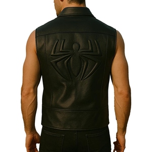 Gilet de motard en cuir véritable de qualité supérieure, gaufré motif araignée, avec design audacieux au dos, idéal pour la moto et les tenues de club personnalisées - Product Image 1