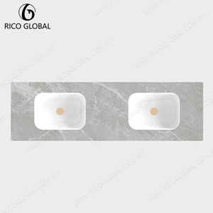 Meuble-lavabo mural rectangulaire en marbre poli avec double vasque et étagère de rangement en bois pour salle de bain, style minimaliste - Product Image 5