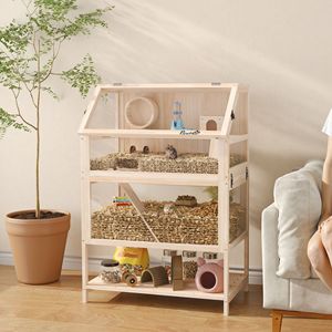 Gabbia Moderna in Legno Naturale per Criceti di Taglia Grande con Ripiano Inferiore Rimovibile, Ruota per Esercizio e Rampe - Product Image 2