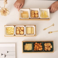 Serviette à condiments pour la cuisine 3 pièces, bol de service en porcelaine blanche en céramique avec plateau en bambou