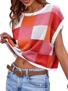 SAJZA Women's Casual Breathable Plaid Jacquard <b>Sleeveless</b> Short Crop <b>Tops</b> Summer Thin Color Block <b>Knit</b> Shirt Washable - Product Image 2