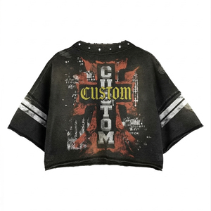 Custom Cropped Graphic T Shirt Women's Vintage Washed Distressed Studded Tee Oversized Streetwear OEM Wholesale - Product Image 2