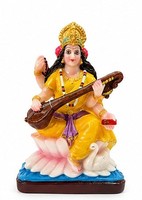 Resin Hindu Goddess Figure Yellow Seated String Instrument Lotus Base Swan Home Decor Traditional Handmade Sculpture for Living